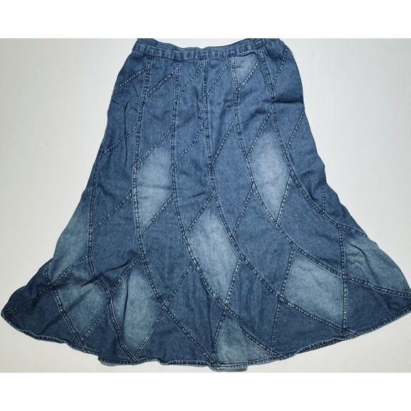 Vintage Studio West Denim Patchwork Maxi Skirt Bohemian Western Pull On M - Picture 1 of 8